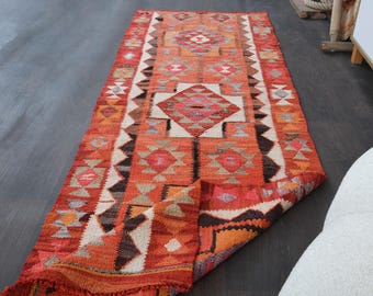 Coral Orange Wool Runner Rug: Vintage Turkish Oushak, 2'6"x8'3"