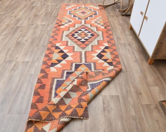 Vintage Türkischer Wollteppich: Minimalistischer Bunter Orange Oushak Stil (3'1x10'4 ft)