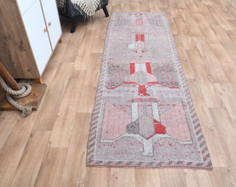 Vintage Oushak Runner Rug: 3x9 Pink Purple Wool Hallway Rug