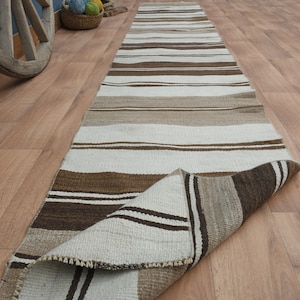 2&#39;3x14&#39;5 ft, STRIPED TURKISH RUNNER, Vintage Runner Rug, Oushak Runner, Stair Runner Rug, Kitchen Runner, Hallway, 2x15 Beige Brown Kilim