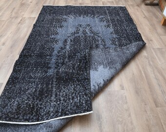 Vintage Turkish Oushak  Kitchen Runner Rug: (3'6x6'9 ft) Black Floral Wool Hallway Rug