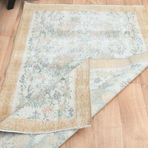 3&#39;8x6&#39;3 ft, FLORAL AREA RUG, Vintage Turkish Rug, Handmade Rug, Beige Orange Rug, Wool, Oushak Rugs, Home Gift, Floral Rug, Antique Look Rug
