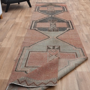 Pink Vintage Turkish Runner Rug: Handwoven Wool, 2.9x12.4 ft