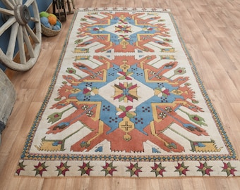 5&#39;7x10&#39;8 ft, GEOMETRİC, OUSHAK TEPPICH, Handgemachter Teppich, Wohnzimmerteppich, 6x11 Teppich, Türkischer Vintage Teppich, Orange Beige Blau