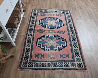 Vintage Turkish Wool Rug: 4'1x6 ft, Pink Blue Oushak Rug