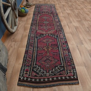 Pink Herki Runner Rug: Vintage Turkish Oushak, 2&#39;9x12&#39;4 ft