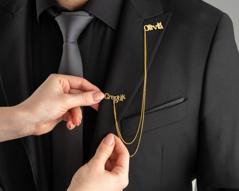 Custom Names Chain King and Queen Symbol Groom Brooch Etsy