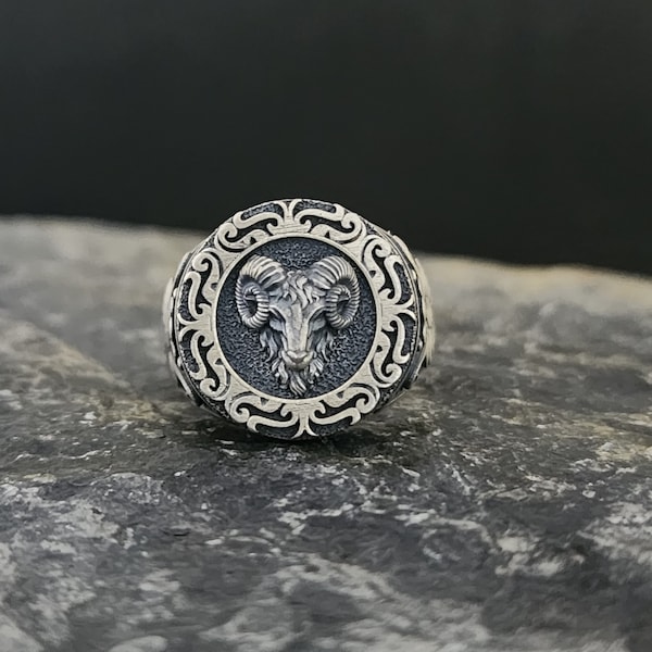 Oxidized Sterling Silver Goat Head Ring: Nature Gift