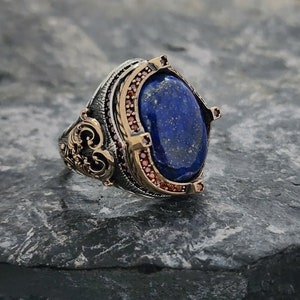 Lapis Lazuli Stone 925 Sterling Silver Men&#39;s Ring,Rose Motif With Blue Lapis Lazuli Stone, Handmade Sterling Silver, Jewelry Gift For Mens
