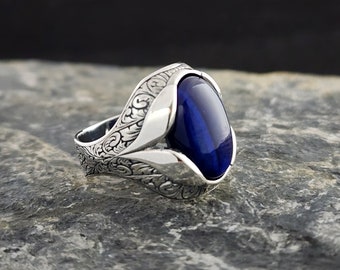 Blue Tiger Eye Stone 925 Sterling Silver Men's Ring, Rose Motif With Amber Stone, Handmade Sterling Silver, Jewelry Gift For Mens