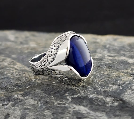 Blue Tiger Eye Stone Ring: Handmade Oxidized 925 Sterling Silver