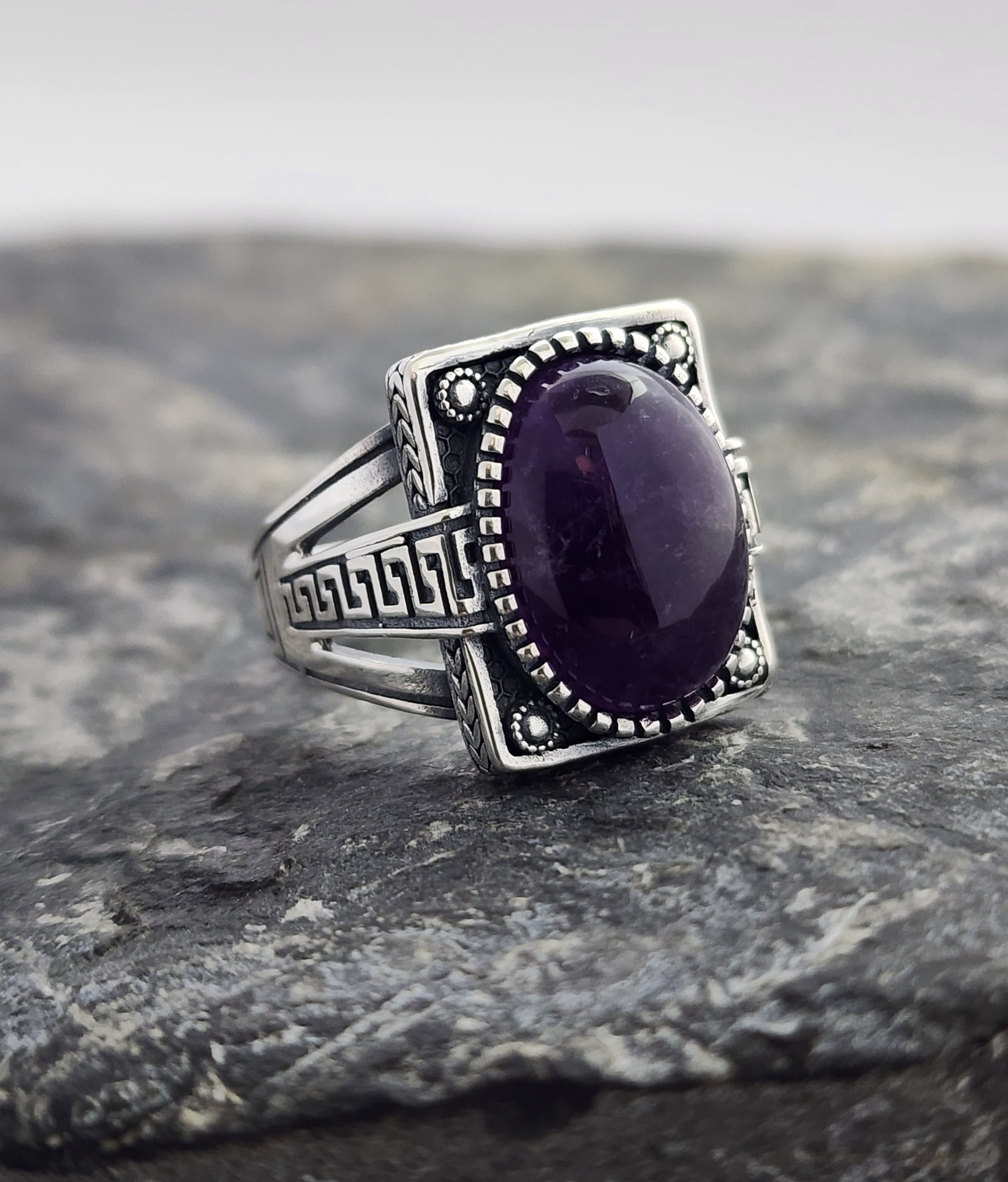 Amethyst Stone Men's Ring: Handmade 925K Sterling Silver, Oxidized