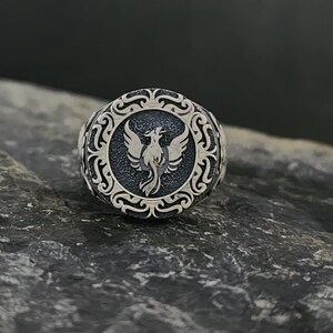 Oxidized Sterling Silver Phoenix Ring: Mythical Bird Talisman