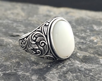 Genuine Mother Of Pearl 925 Sterling Silver Ancient Ottoman Men Ring,With Mother Of Pearl Stone Ring,Handmade Sterling Silver,Gift Men