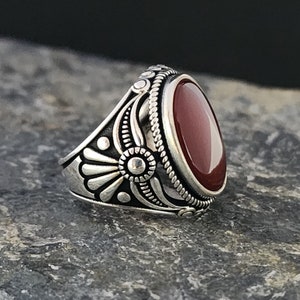 Red  Agate Stone 925 Sterling Silver Men&#39;s Ring,With Lumpfy Top And Rose Motif Natural Red Agate Stone Ring, Gemstone Men Ring,Handmade Ring