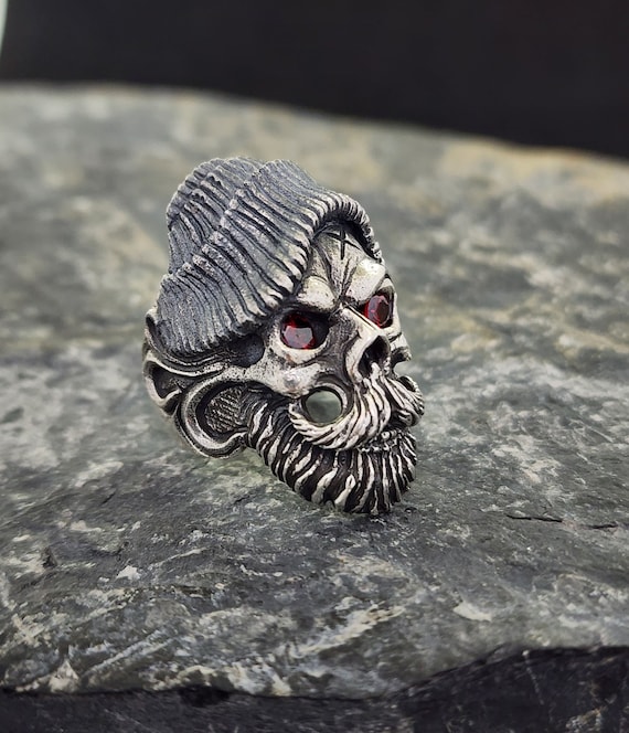 Cool Skull With Beanie Silver Biker Ring for Men,garnet Eye