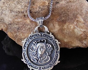 Sterling Silver Medusa Necklace: Engraved Greek Mythology Pendant
