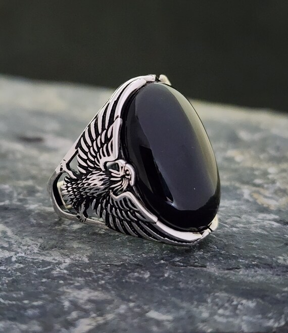 Oxidized Sterling Silver Black Onyx Ring With Eagle Head - Etsy