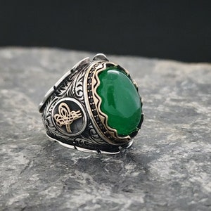Jade Stone 925 Sterling Silver Men&#39;s Ring,With Green Quartzite Jade Stone, Handmade Sterling Silver, Jewelry Gift For Mens