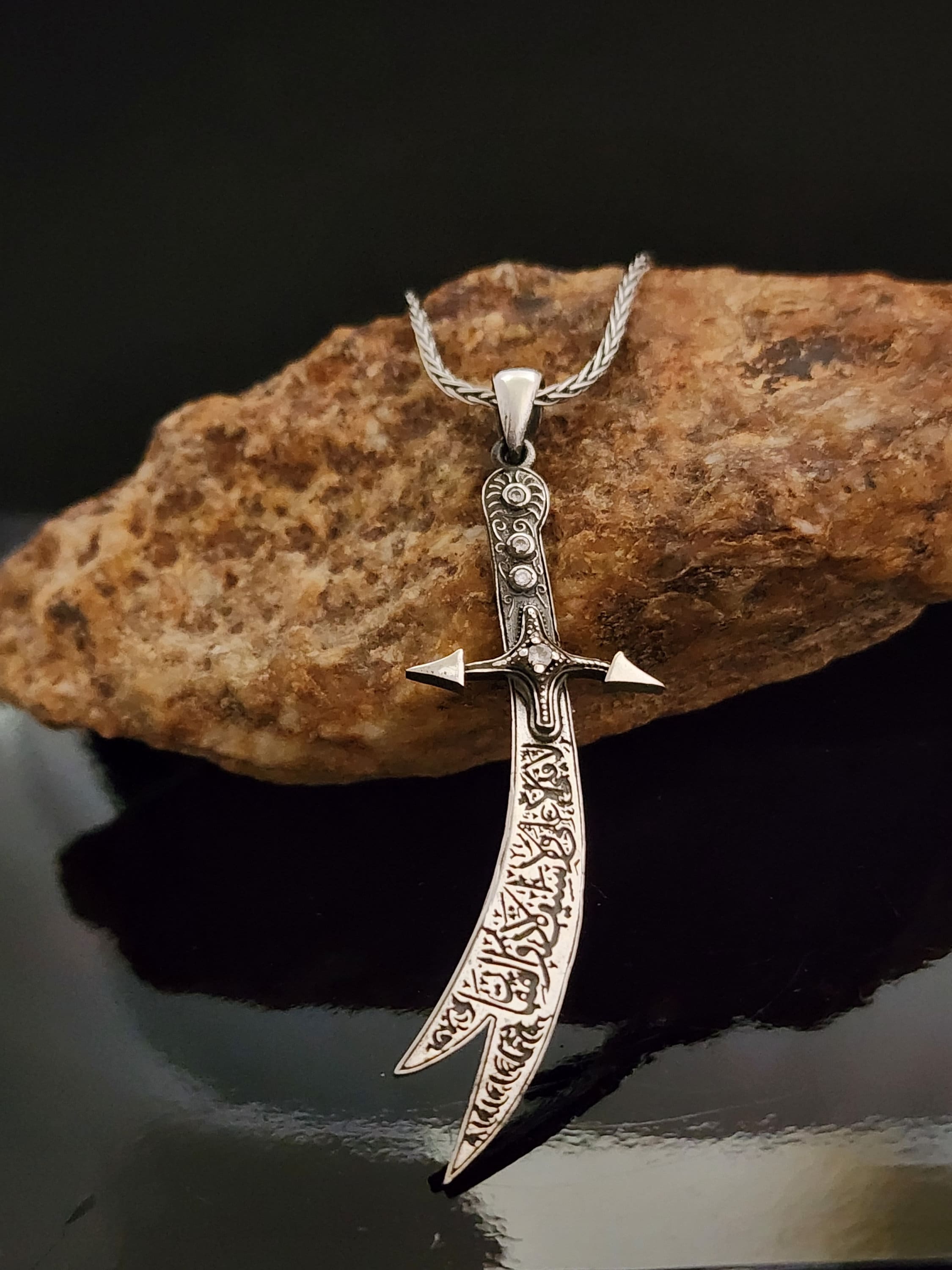Arabic Text Sword Pendant,Hamza's Sword Necklace,Solid 925 Sterling Silver