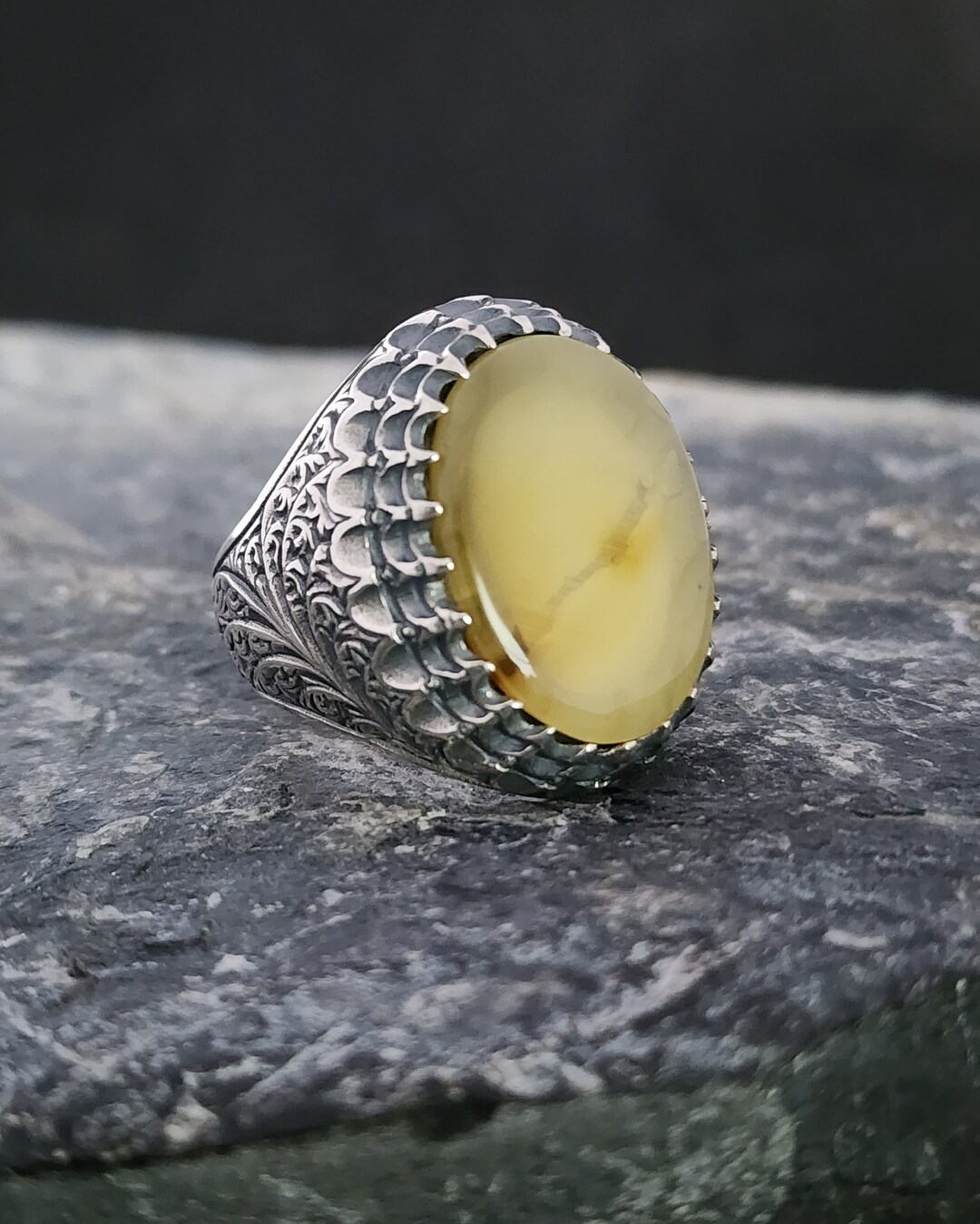 Natural Amber Stone 925 Sterling Silver Men's Ring: Handmade Rose