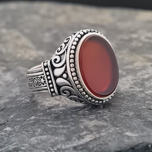 Red  Agate Stone 925 Sterling Silver Men&#39;s Ring,With Lumpfy Top And Rose Motif Natural Red Agate Stone Ring, Gemstone Men Ring,Handmade Ring