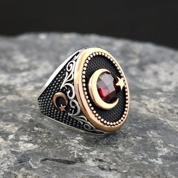 A Crescent Star Turkic Ring with Garnet Stone,  925 Sterling Silver Ancient Men Ring,Turkish Ancient Ring,Crescent Star,Bohem,Islamic Ring