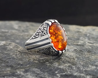 Amber Stone 925 Sterling Silver Men's Ring, Rose Motif With Amber Stone, Handmade Sterling Silver, Jewelry Gift For Mens
