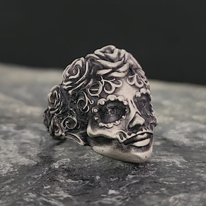 Silver Santa Muerte Ring Mens Sugar Skull Ring Unique Santa Muerte Ring Silver Mexican Girl Ring Unique Ring For Man Pinky Handmade Gift