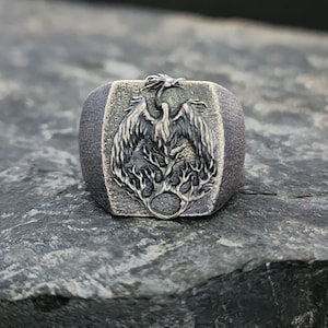 Oxidized Sterling Silver Phoenix Ring: Mythical Bird Talisman