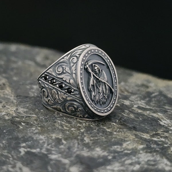 Sensenmann Totenkopf Ring, 925 Sterling Silber Totenkopf Ring, Männer Ringe, Engel des Todes Ring