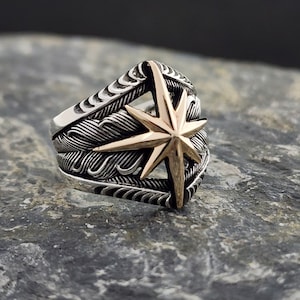 925 Silver North Star Rİng With Bronze Star,925 Sterling Silver Signet Men Ring,Forward Motif&#39;s Stylish Accesory