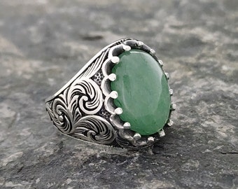 Handmade Aventurine Stone Ring: 925 Sterling Silver, Oxidized Vintage Style