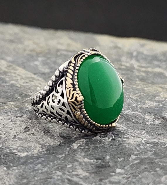 Jade Stone Sterling Silver Men's Ring: Handmade Green Quartzite