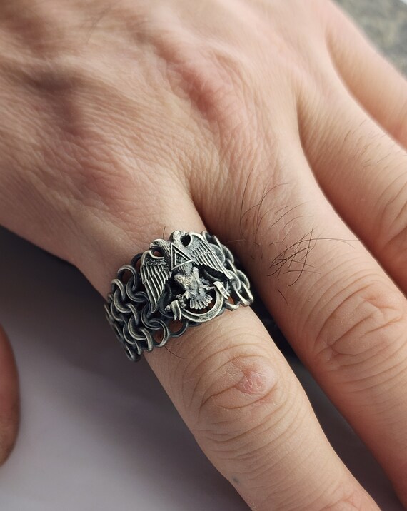 Anello Da Uomo Con Aquila In Onice Nero: Fatto A Mano In Argento - Foto 8