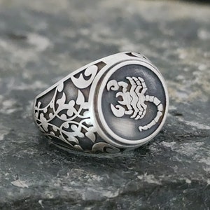 Scorpion With Rose Motif Sterling Silver Men Ring,Scorpio Zodiac Sign Ring,Scorpio Animal Ring,Scorpio Astrology Ring,925 Sterling Silver