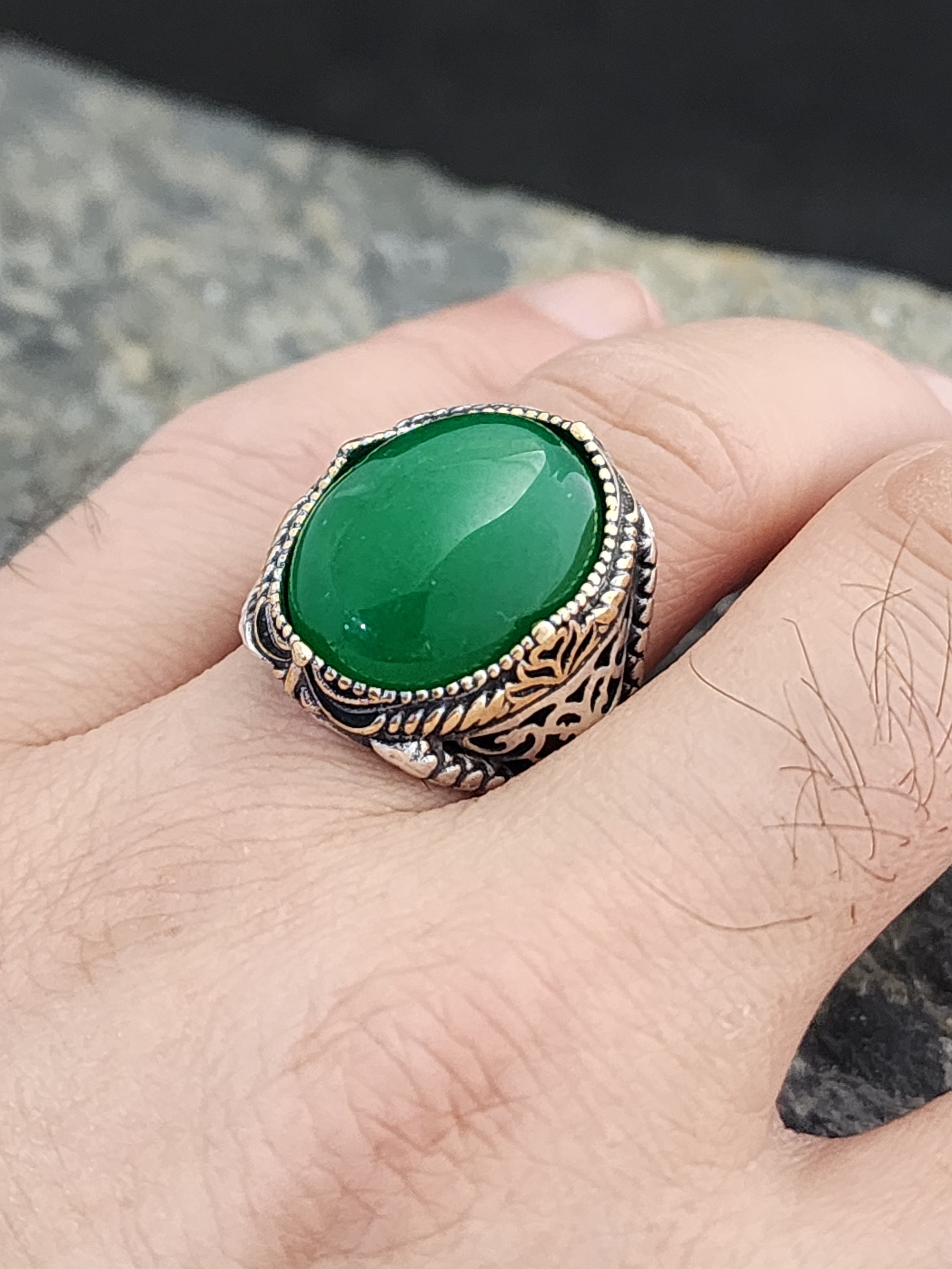 Jade Stone Sterling Silver Men's Ring: Handmade Green Quartzite