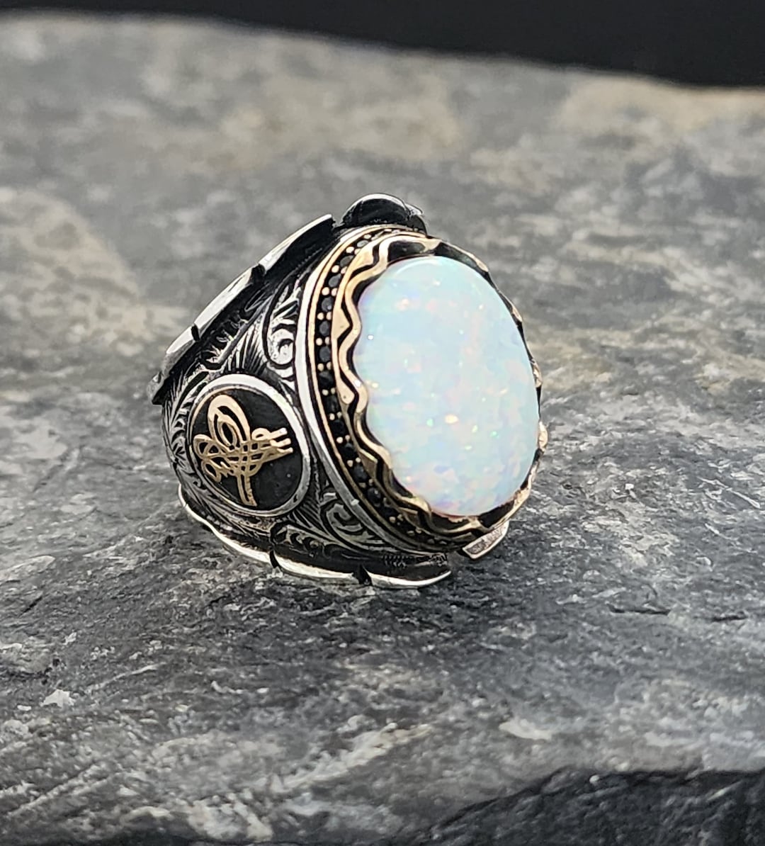 Handmade Vintage Natural Opal 925 Sterling Silver Ring – 2 Tone Plating – Apbjewelry2010