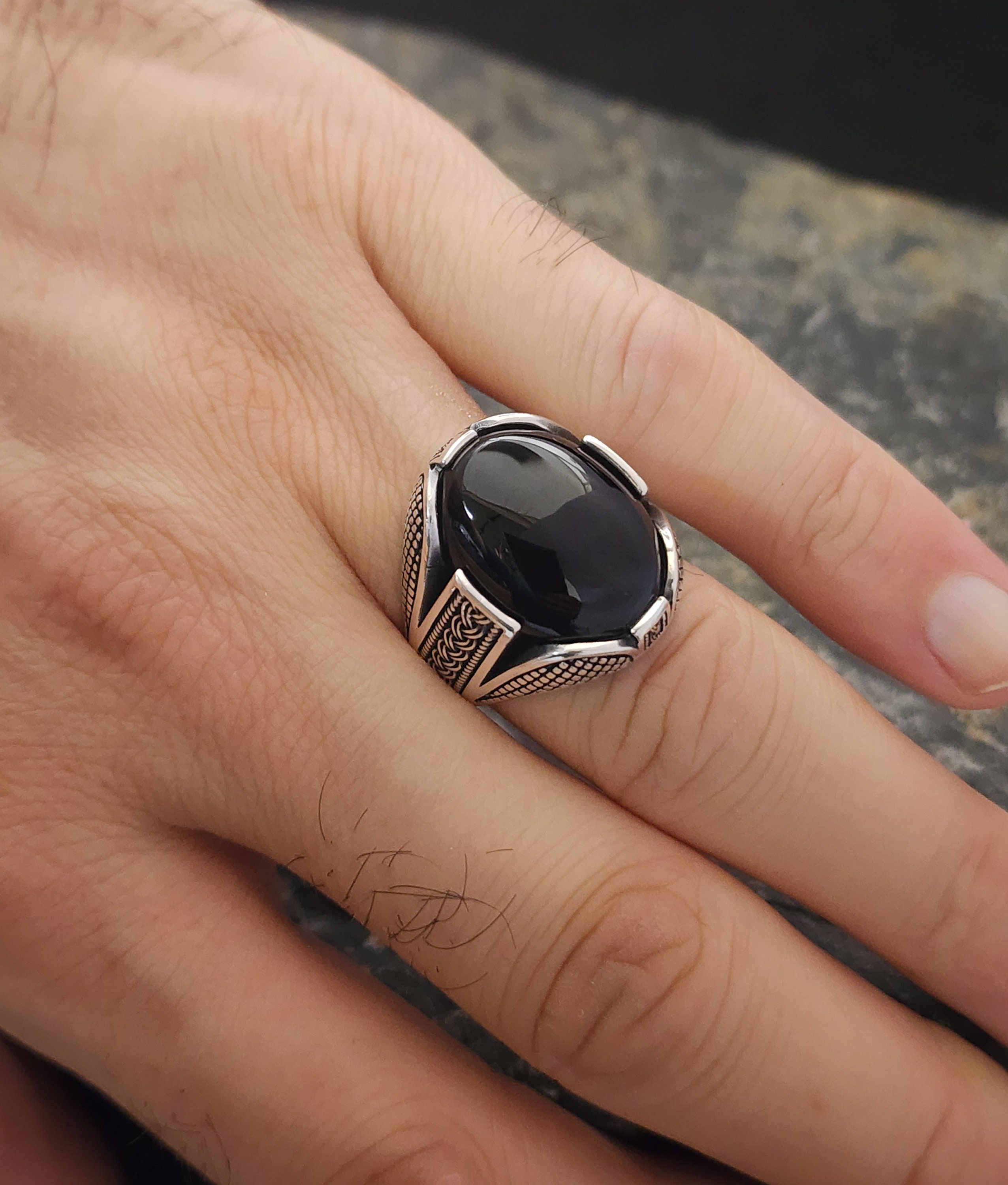 Onyx Stone 925 Sterling Silver Men's Ring With Cool Motif's