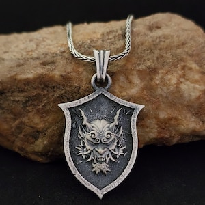 Oni Mask Japanese Demon Necklace,Gothic Pendant,Japanese Demon Hannya,Samurai Pendant,Japanese Devil Pendant,Mythology Ornament,Engraved