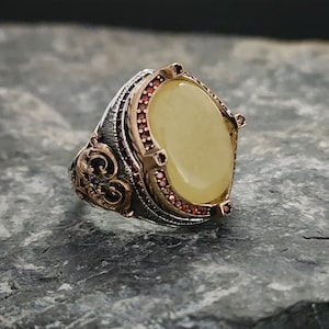 Natural Amber Stone 925 Sterling Silver Men's Ring,Rose Motif With Amber Stone, Handmade Sterling Silver, Jewelry Gift For Mens