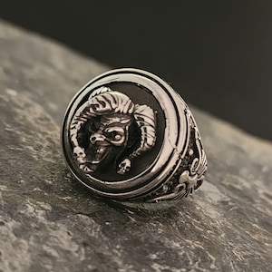 Buffon Satan,Hand sculpted Jester Clown ring  Oxidized silver ring Gift for Him,3d Demon Head