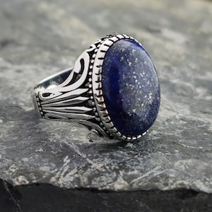 Lapis Lazuli Stone 925 Sterling Silver Men&#39;s Ring,Rose Motif With Blue Lapis Lazuli Stone, Handmade Sterling Silver, Jewelry Gift For Mens