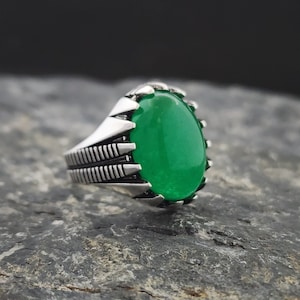 Jade Stone 925 Sterling Silver Men&#39;s Ring,With Green Quartzite Jade Stone, Handmade Sterling Silver, Jewelry Gift For Mens