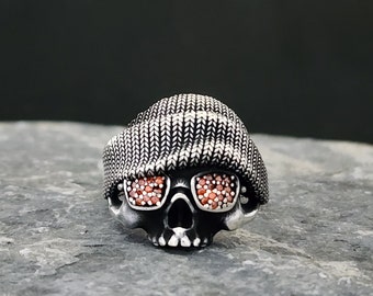 Cool Skull with Beanie Silver Biker Ring For Men, Fantasy Punk Gothic Ring to Husband, Engraved Pinky Ring, Silver Men Jewelry, Family Gift