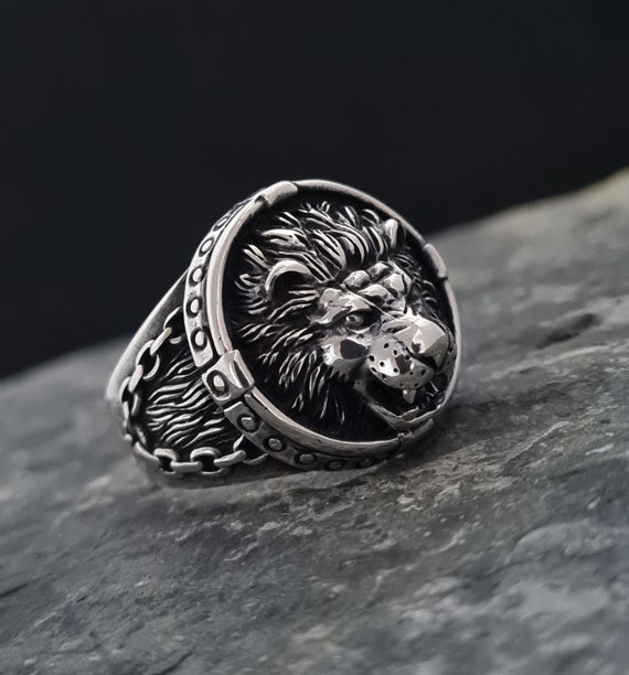 Oxidized Sterling Silver Lion Ring: Handmade Signet Ring for Men