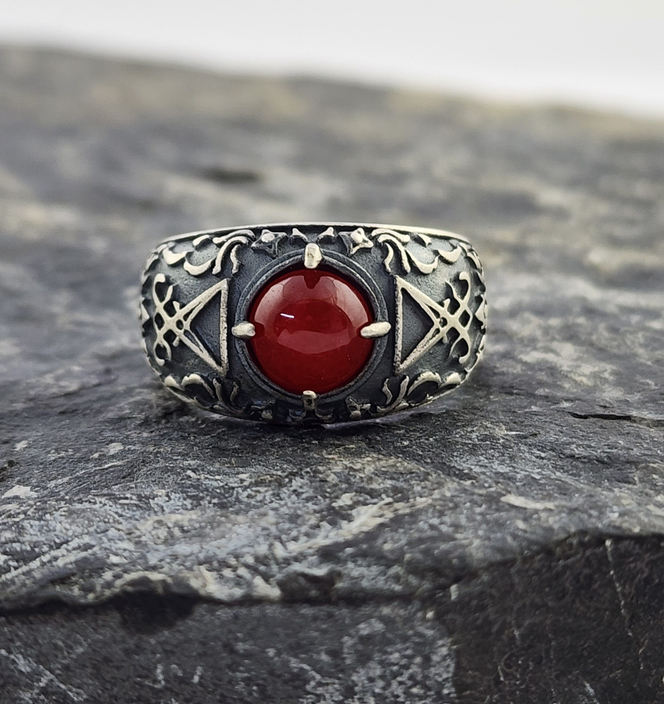 Lucifer Sigil Red Jade Stone Sterling Silver Ring: Gothic Biker