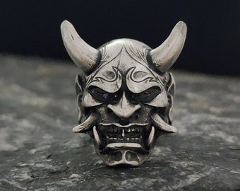 Oxidized Sterling Silver Oni Mask Ring, Hannya Demon, Biker Samurai