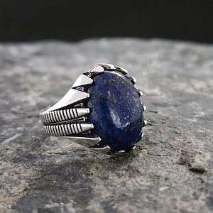 Lapis Lazuli Stone 925 Sterling Silver Men&#39;s Ring,Rose Motif With Blue Lapis Lazuli Stone, Handmade Sterling Silver, Jewelry Gift For Mens