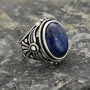 Lapis Lazuli Stone 925 Sterling Silver Men&#39;s Ring,Rose Motif With Blue Lapis Lazuli Stone, Handmade Sterling Silver, Jewelry Gift For Mens
